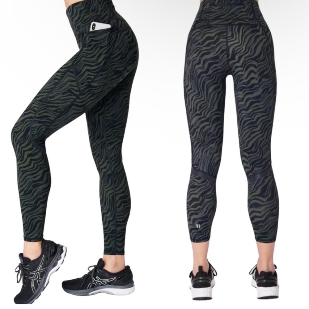 SWEATY BETTY Zero Gravity Leggings 7/8 Length 60cm/24" Large Green Black Zebra